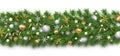 Christmas border decoration and happy New Year garland on white background. Christmas tree branches decorated golden and silver Royalty Free Stock Photo