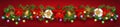 Christmas border decorations garland with fir branches, Christmas flowers poinsettia, golden bells, holly berries and gifts boxes Royalty Free Stock Photo