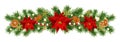 Christmas border decorations garland with fir branches and gingerbread cookies, golden snowflakes, Christmas flowers poinsettia Royalty Free Stock Photo