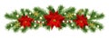 Christmas border decorations garland with fir branches, golden snowflakes, Christmas flowers poinsettia and beads. Design element Royalty Free Stock Photo