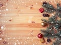 Christmas border of fir branches, balls and gifts. Top view, copy space Royalty Free Stock Photo