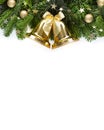 Christmas border with fir branches and  baubles  isolated  on white background . Flat lay.  Selective focus Royalty Free Stock Photo