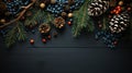 Christmas border with fir branches, pine cones, berries and lights. generative ai Royalty Free Stock Photo