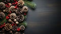 Christmas border with fir branches, pine cones, berries and lights. generative ai Royalty Free Stock Photo