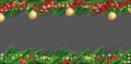 Christmas border with fir branches, red holly berries and golden balls. Neon garland with yellow lights Royalty Free Stock Photo