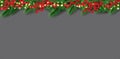 Christmas Border with Fir Branches and Red Holly Berries. Neon Garland with Yellow Lights Royalty Free Stock Photo