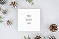 Christmas border frame design with pine cones and fir branches. Blank paper mockup for you text over white background Royalty Free Stock Photo