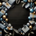 Christmas border of gift boxes in blue and silver with gold ribbons and other Christmas decorations against a dark wooden Royalty Free Stock Photo