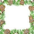 Christmas Border gingerbread cookies Greeting card, poster, banner concept. Round Frame of pine branches cones on white Royalty Free Stock Photo