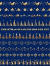 Christmas Vector Seamless Borders Set Isolated On A Blue Background. Horizontally Repeatable. Royalty Free Stock Photo