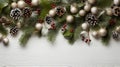 Christmas border with hanging garland of fir branches, red and silver baubles, isolated on white Royalty Free Stock Photo
