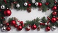Christmas border with hanging garland of fir branches, red and silver baubles, pine cones Royalty Free Stock Photo