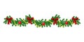 Christmas border with hanging garland of fir branches, red and silver baubles, pine cones and other ornaments Royalty Free Stock Photo