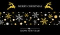 Christmas border, happy New year decorated golden reindeer. Strips gold and silver snowflakes, stars and bright balls on black