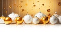 Christmas Border - holiday background - elegant decorations with gold and white balls on white, horizontal banner. Christmas xmas Royalty Free Stock Photo