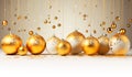 Christmas Border - holiday background - elegant decorations with gold and white balls on white, horizontal banner. Christmas xmas Royalty Free Stock Photo