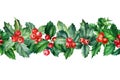 Christmas border. Holly branches on white background, watercolor illustration Royalty Free Stock Photo
