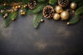 Christmas border with christmas tree branches, decorations and pine cones, generative AI Royalty Free Stock Photo