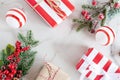 Christmas border with xmas tree and gifts on marble background. Winter holiday. Happy New Year. Space for text. View from above, Royalty Free Stock Photo