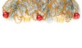 Christmas Border. Xmas winter tree branches with golden baubles, garland and stars isolated on white background Royalty Free Stock Photo