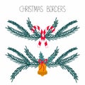 Christmas botanical borders set. Hand drawn deviders decor elements leaves, fir tree, bell and sweet cane winter traditional xmas Royalty Free Stock Photo
