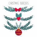 Christmas botanical borders set. Hand drawn deviders decor elements leaves, flowers and berries, bows and fir tree, winter Royalty Free Stock Photo