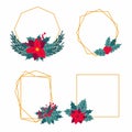 Christmas botanical frames set. Hand drawn gold frame decor element leaves, flowers and berries, bows and fir tree, winter