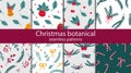 Christmas botanical seamless pattern set. Holiday hand drawn leaves and red berries, fir tree branches, winter traditional xmas Royalty Free Stock Photo