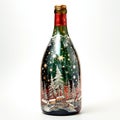 Christmas bottle of champagne decorated with Christmas trees on a white background