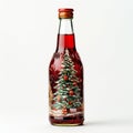 Christmas bottle of red wine with christmas tree on a white background