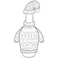 Adult coloring book,page a Christmas bottle wearing a cap,scarf and pullover with ornaments image for relaxing.Zen art style