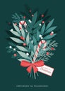 Christmas bouquet with bow, lollipops, holly berries, winter plants and leaves, pine branches. Xmas and Happy New Year Royalty Free Stock Photo