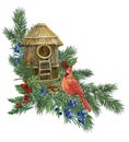 CHRISTMAS BOUQUET WITH CARDINAL AND BIRD HOUSE. WATERCOLOR ILLUSTRATION Royalty Free Stock Photo