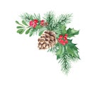 Christmas bouquet, corner. Forest pine branches with cone, Holly plant with red berries, cowberry, lingonberry. Symbols Royalty Free Stock Photo