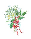 Christmas bouquet of holly and mistletoe, watercolor drawing. Royalty Free Stock Photo