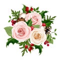 Christmas bouquet with pink and white roses, balls, rosehip, holly and fir branches. Vector illustration. Royalty Free Stock Photo