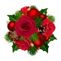 Christmas bouquet with red roses, balls, holly, cones and fir branches. Vector illustration. Royalty Free Stock Photo