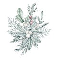 Christmas bouquet of silver plant Dusty Miller, snowberry and emerald spruce branch, rosemary, pine twig, evergreen tree