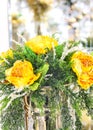 Christmas bouquet of yellow roses in a metal vase Royalty Free Stock Photo