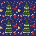 Christmas bow, bell, hollyberry, candy cane, confetti and snowflakes. Christmas seamless pattern. Colorful flat icons on a blue