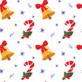 Christmas bow, bell, hollyberry, candy cane, confetti and snowflakes. Christmas vector seamless pattern. Colorful flat Royalty Free Stock Photo