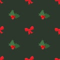 Christmas bow, hollyberry, confetti. Christmas vector seamless pattern. Colorful flat icons on a green background. Royalty Free Stock Photo