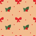 Christmas bow, hollyberry, confetti. Christmas vector seamless pattern. Colorful flat icons on a beige background. Royalty Free Stock Photo