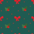 Christmas bow, hollyberry, confetti. Christmas vector seamless pattern. Colorful flat icons on a green background.