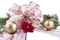 Christmas bow, ornaments, flower, pine on white Royalty Free Stock Photo