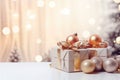 Christmas boxes with gifts, balls on Christmas bokeh background. Beautiful Christmas background. Happy New Year and Merry Royalty Free Stock Photo