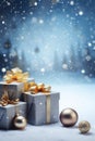 Christmas boxes with gifts, balls on Christmas bokeh background. Beautiful Christmas background. Happy New Year and Merry Royalty Free Stock Photo