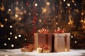 Christmas boxes with gifts, balls on Christmas bokeh background. Beautiful Christmas background. Happy New Year and Merry Royalty Free Stock Photo