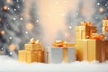 Christmas boxes with gifts, balls on Christmas bokeh background. Beautiful Christmas background. Happy New Year and Merry Royalty Free Stock Photo