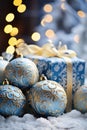 Christmas boxes with gifts, balls on Christmas bokeh background. Beautiful Christmas background. Happy New Year and Merry Royalty Free Stock Photo